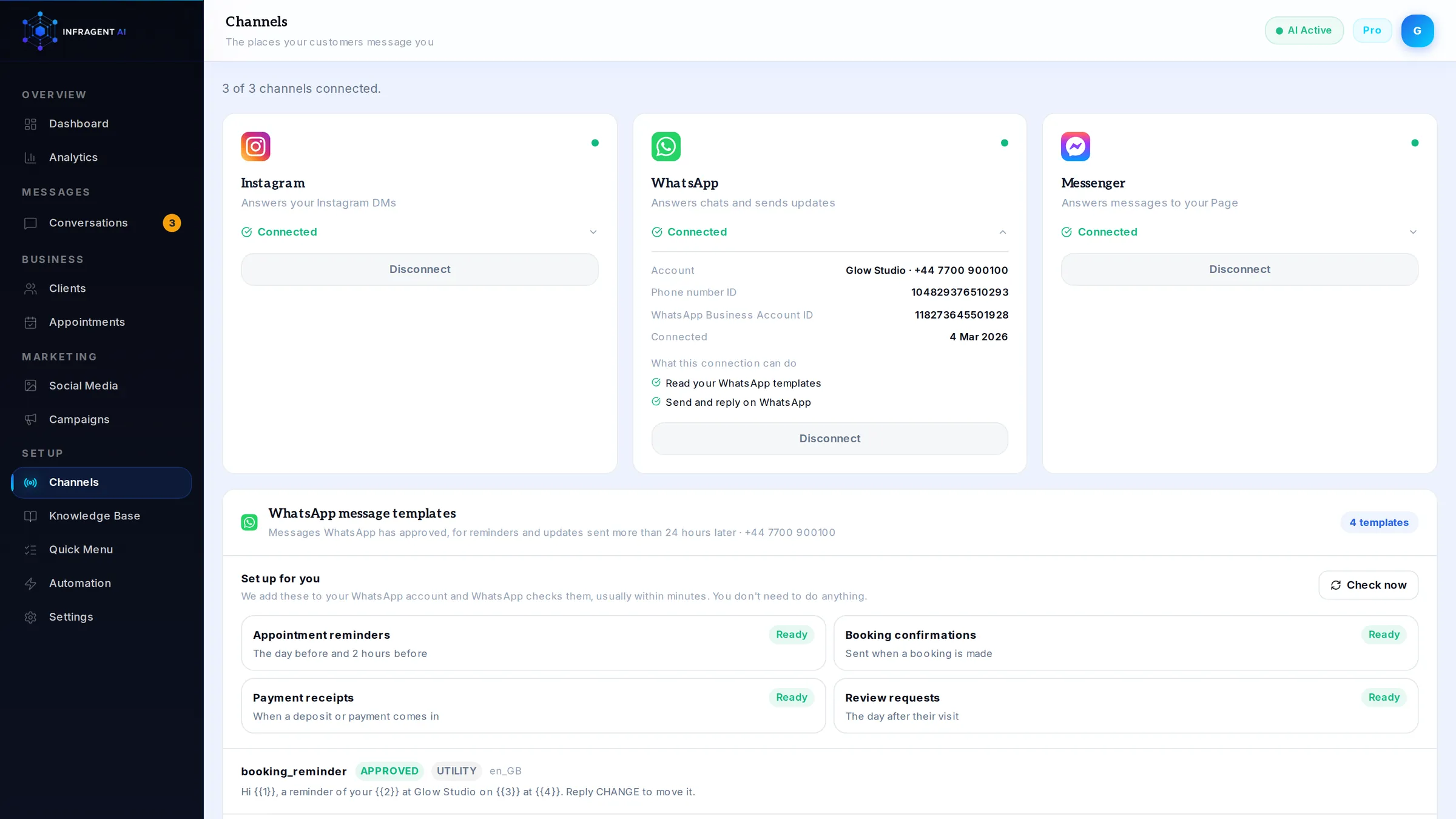 Channels: Instagram, WhatsApp and Messenger connected