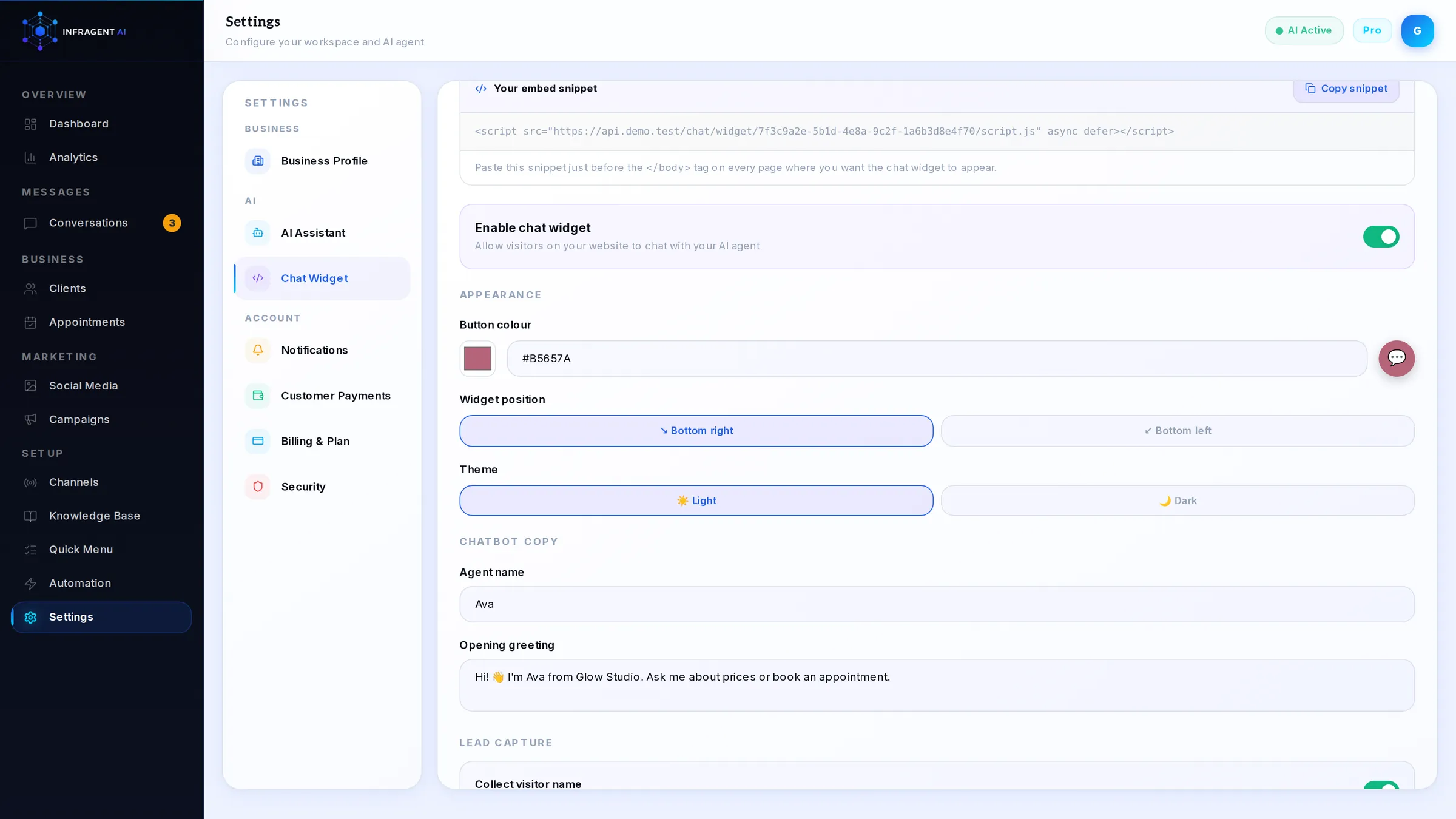 Website chat widget settings and embed snippet