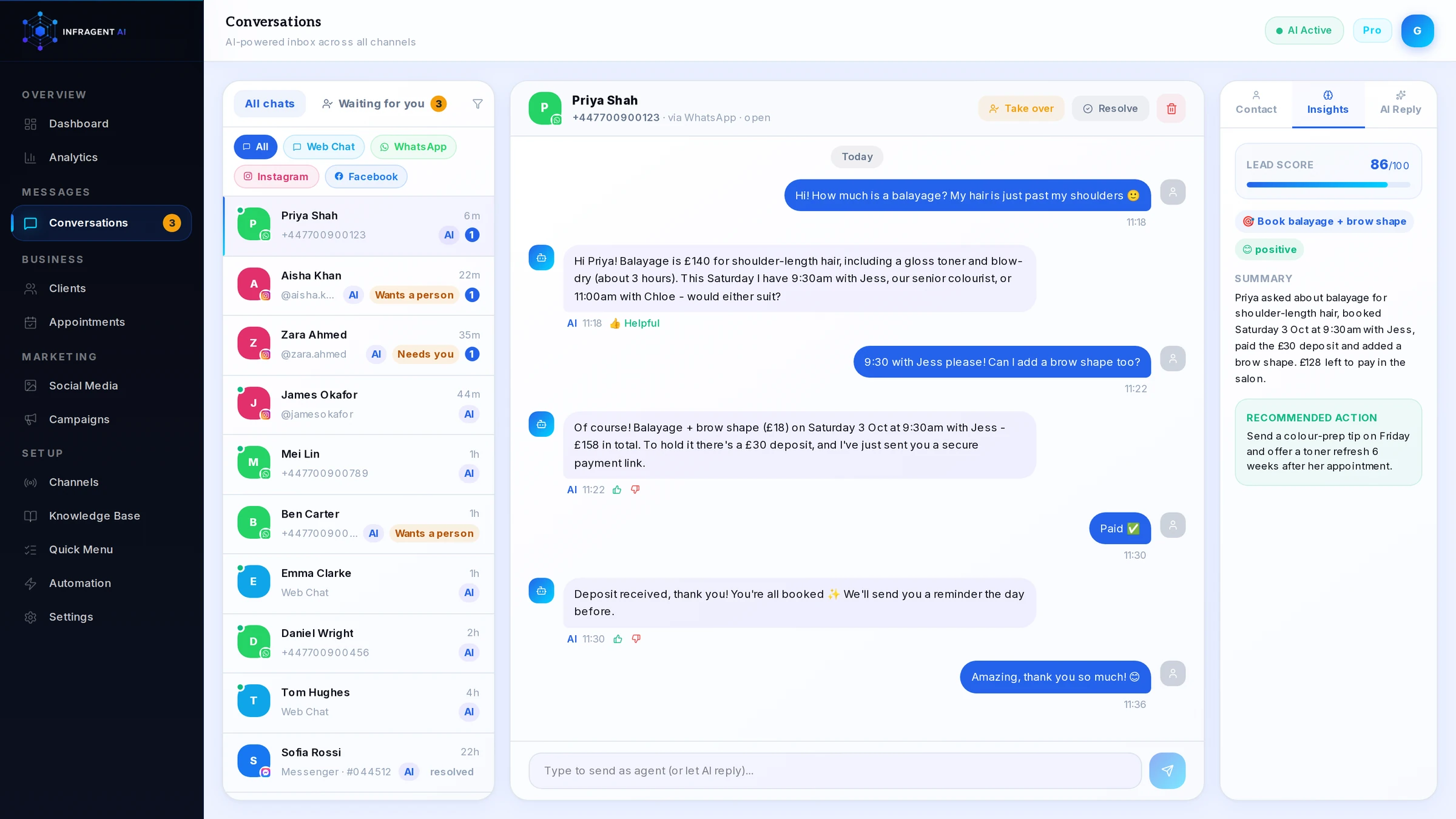 Conversation insights: lead score, intent, sentiment, summary and recommended action