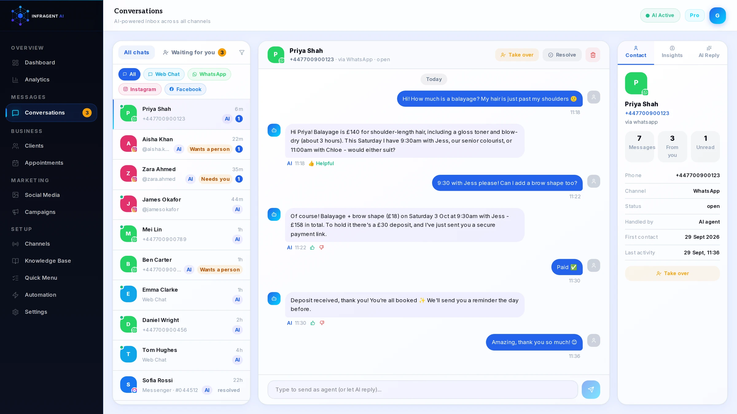 InfrAgent AI inbox: a WhatsApp booking conversation answered by the AI
