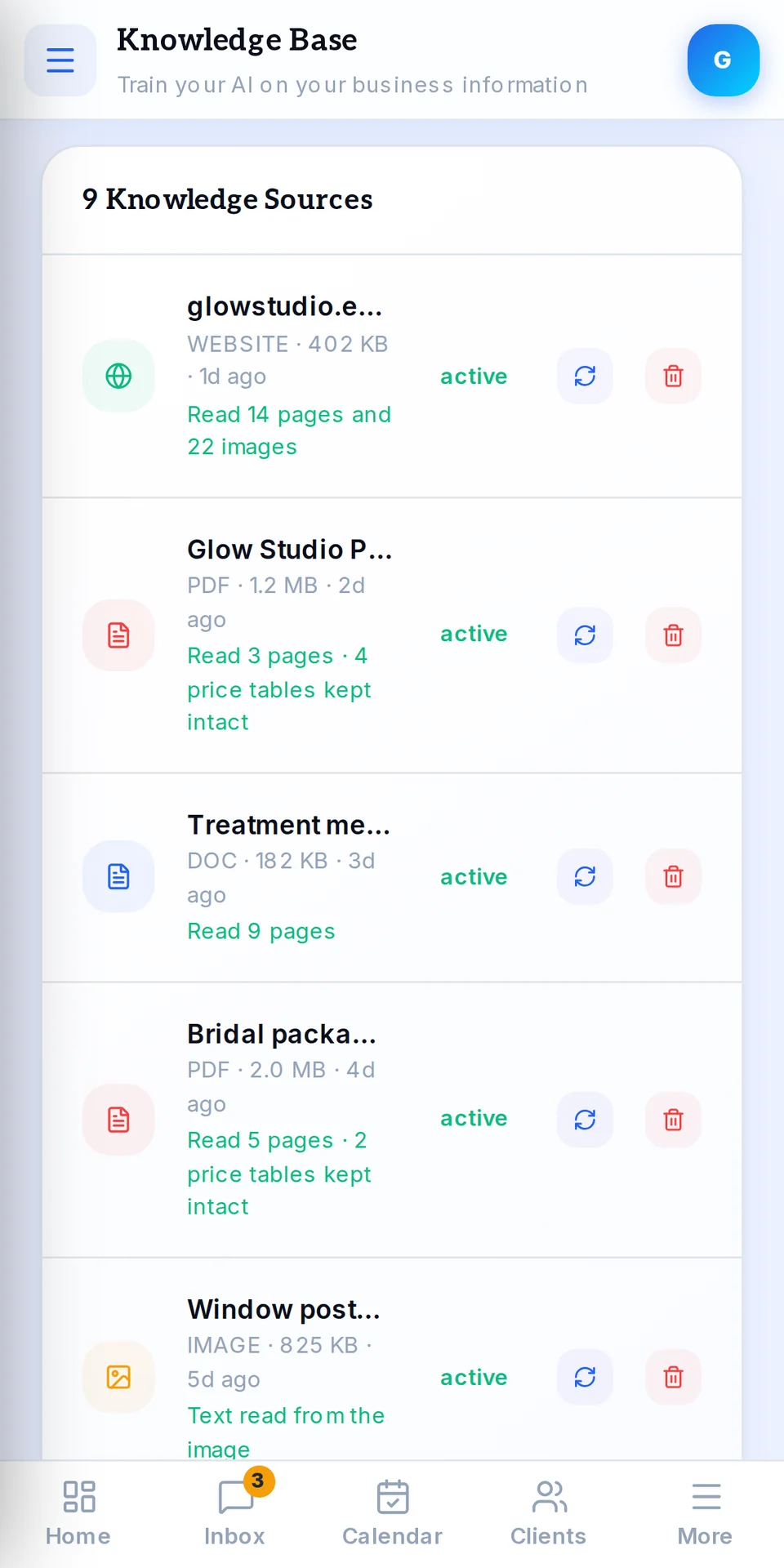Knowledge sources: the salon's website, its price list PDF and treatment menu, each read and active