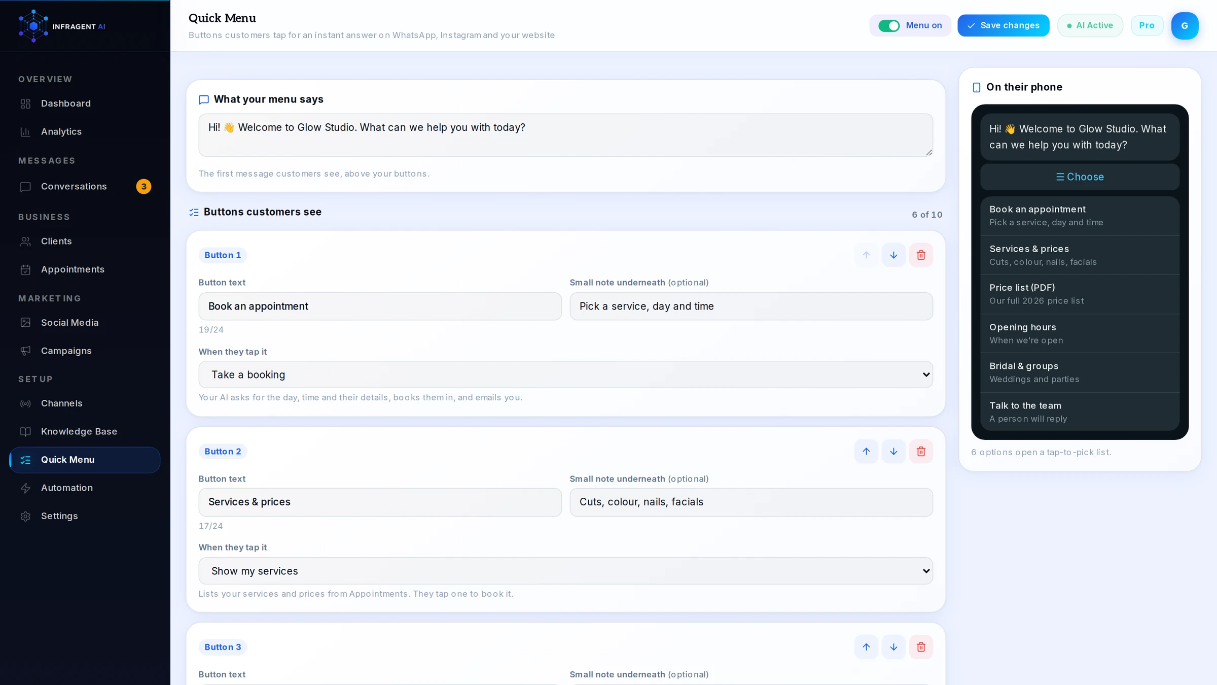 Quick Menu: buttons customers tap for instant answers, with a phone preview